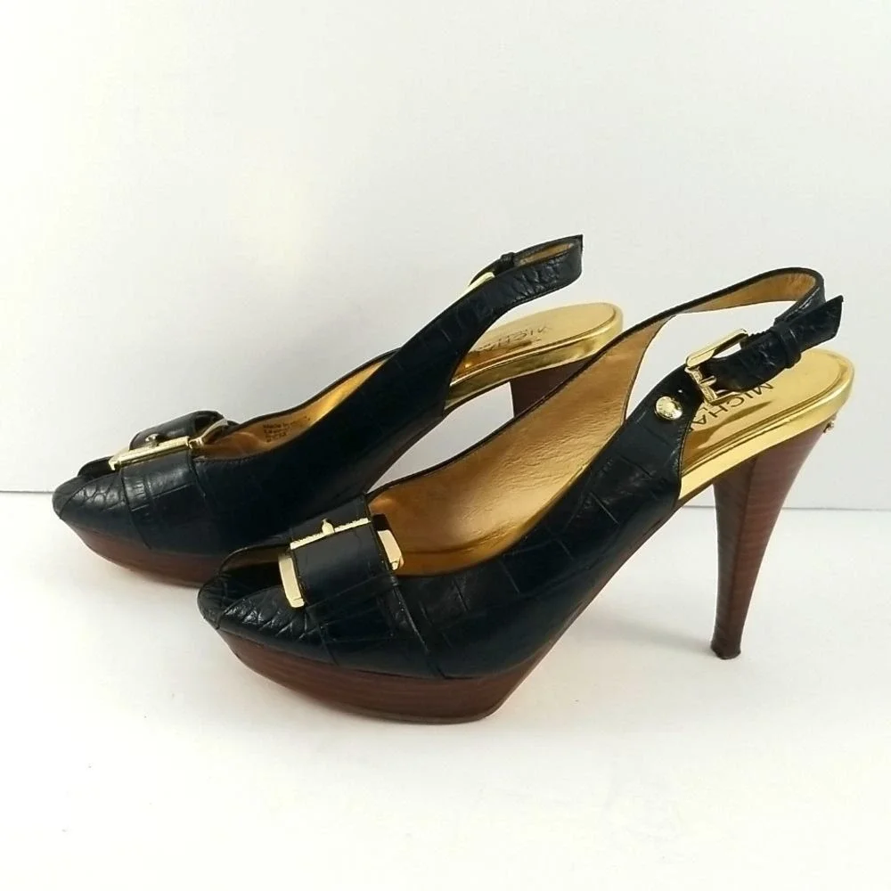 Michael Michael Kors Black Croc Embossed Slingback Platform Heels 8.5‎